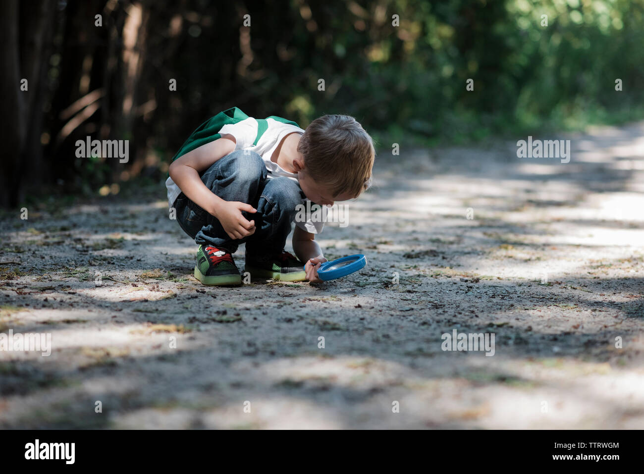 Boy looking on field through binoculars in forest Stock Photo