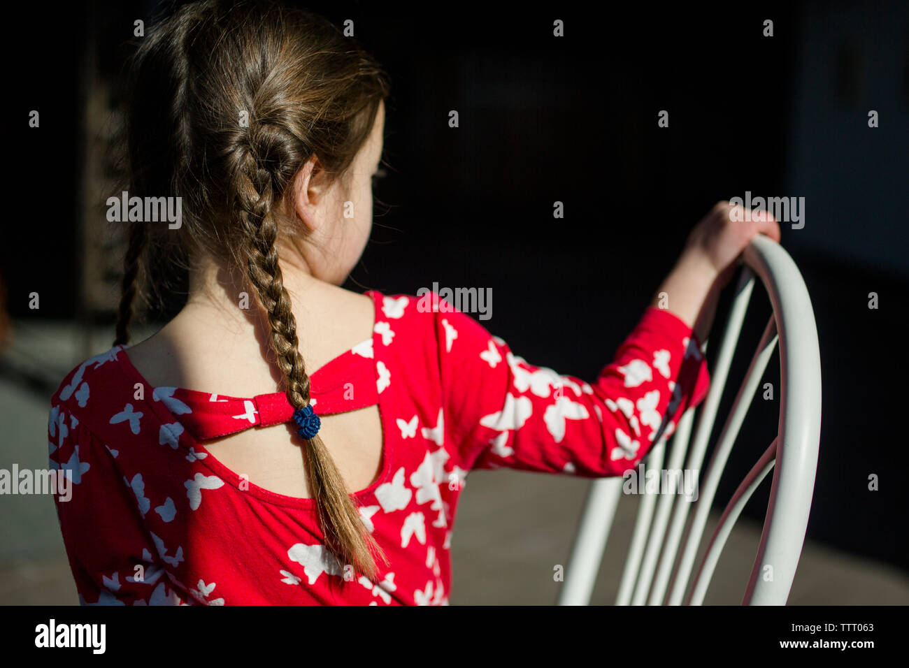 rear view of a little girl with long braids sitting in patch of light ...