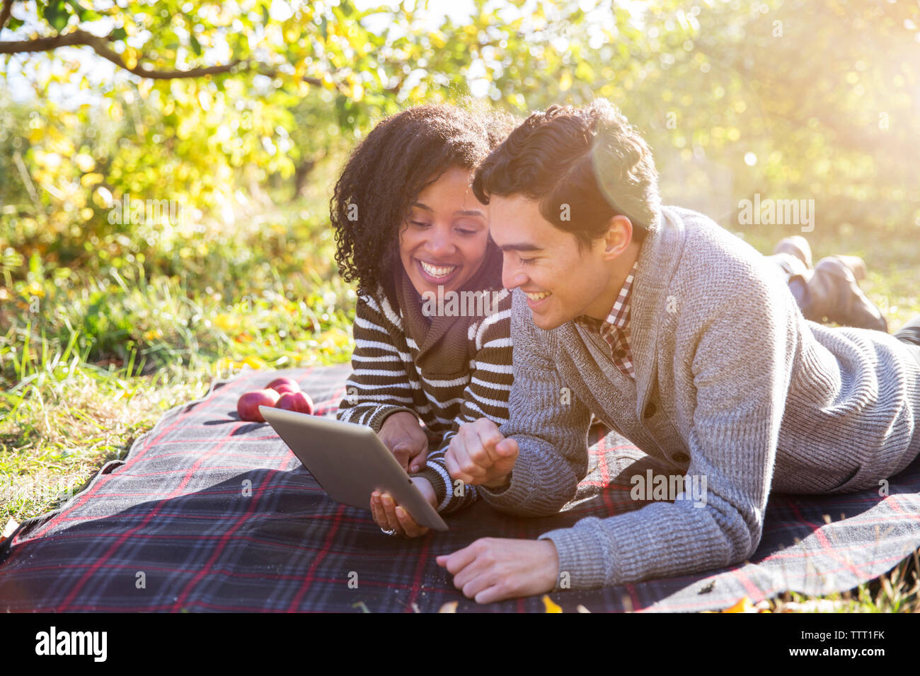 Cheerful couple using tablet computer while lying on blanket in orchard Stock Photo