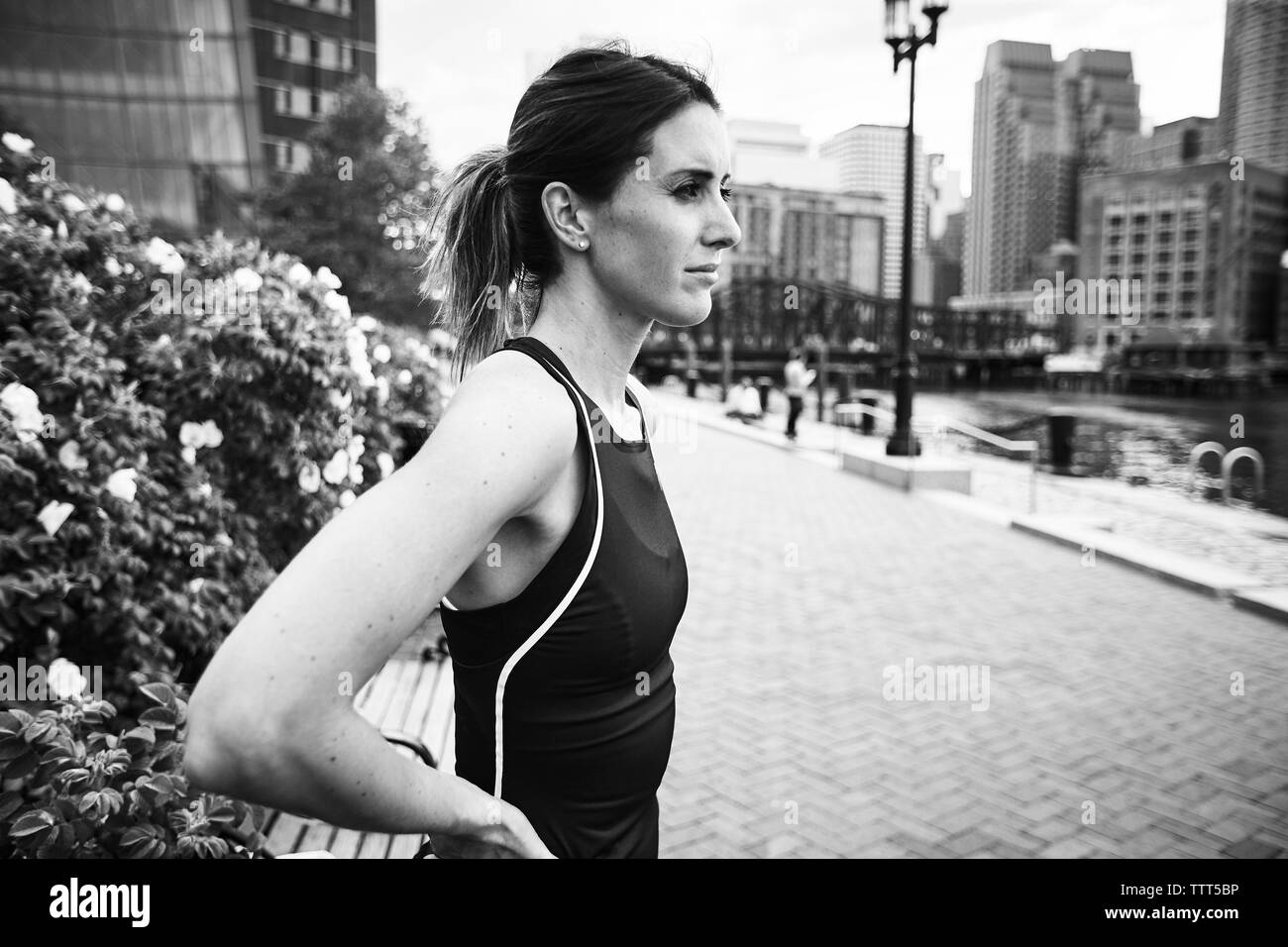 A black and white portrait of a female athlete in Boston. Stock Photo