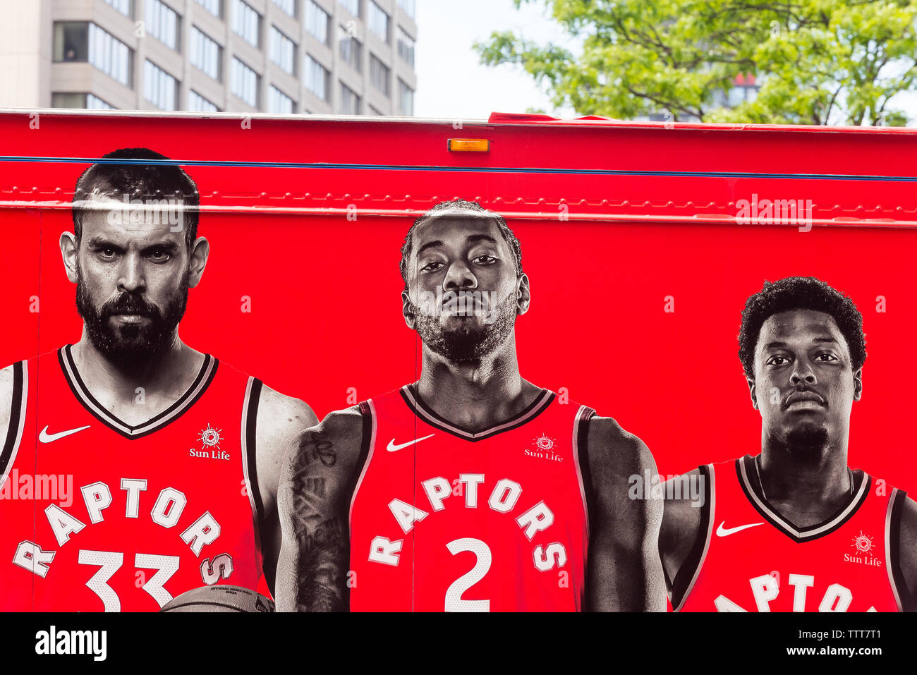 Toronto, ON, Canada - June 17, 2019 - Toronto Raptors players picture on the bus as the Toronto Raptors hold their victory parade after beating the Go Stock Photo
