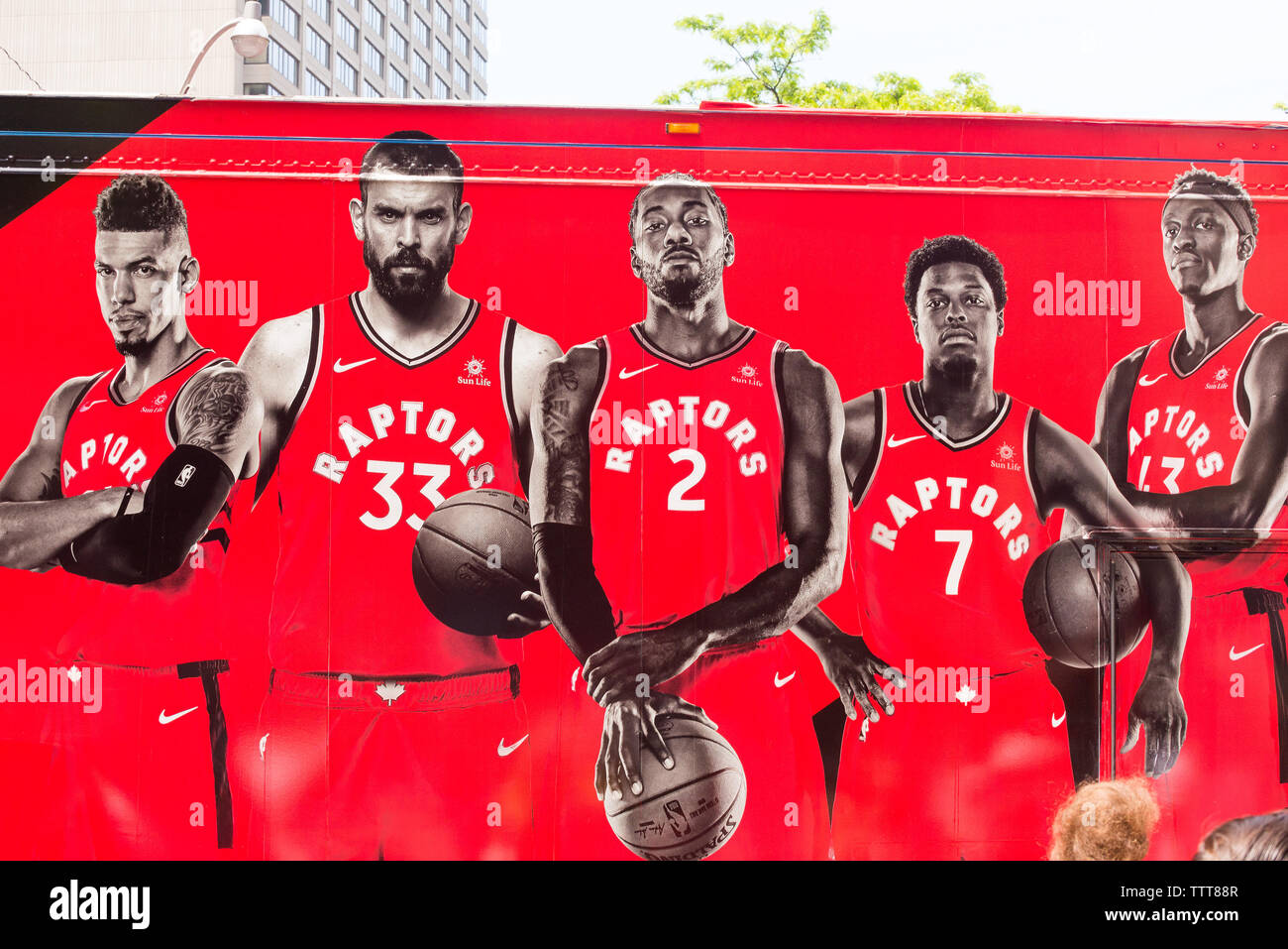 Toronto, ON, Canada - June 17, 2019 - Toronto Raptors players picture on the bus as the Toronto Raptors hold their victory parade after beating the Go Stock Photo