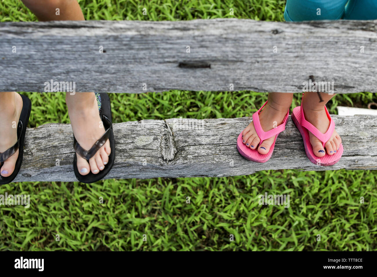 downward view of kids standing on wood fence in flip  flops Stock Photo