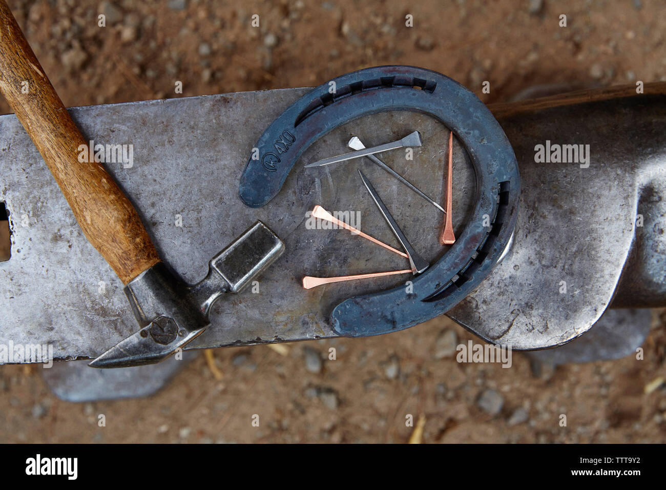 Overhead view of horseshoe with hammer and nails on anvil Stock Photo