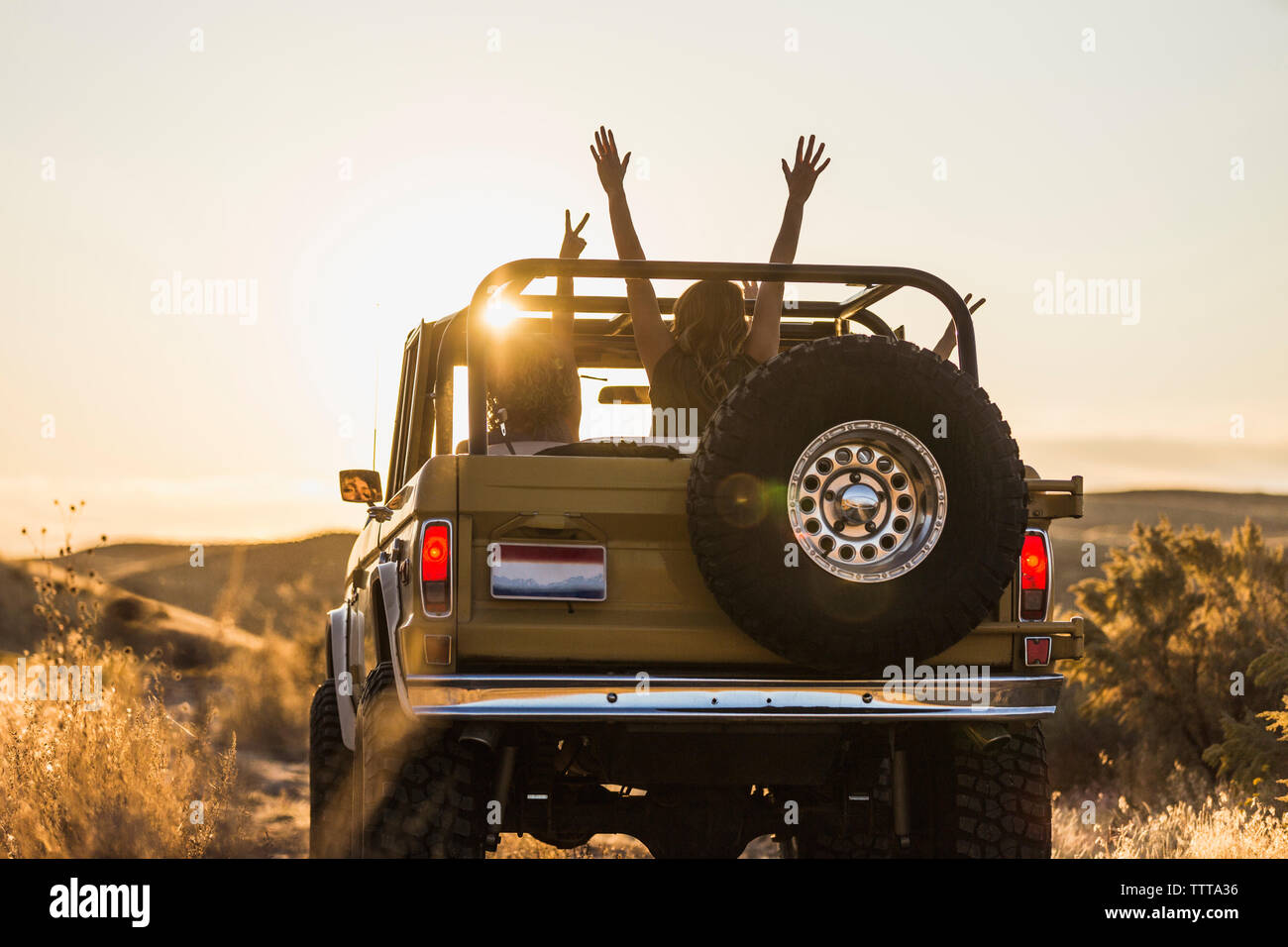 Rear view of female friends gesturing while traveling in off-road vehicle against sky Stock Photo