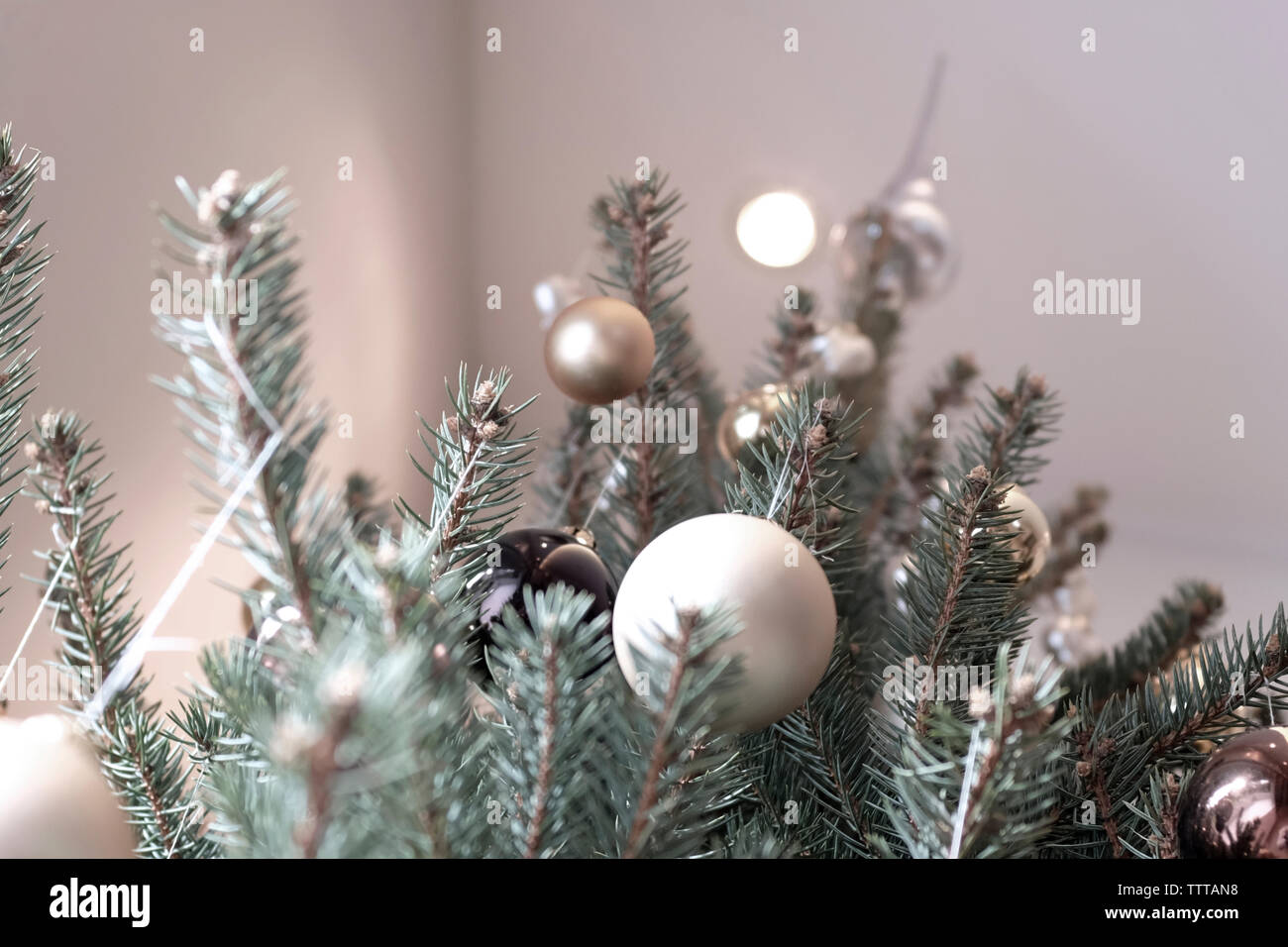 Close-up of decorated christmas tree at home Stock Photo