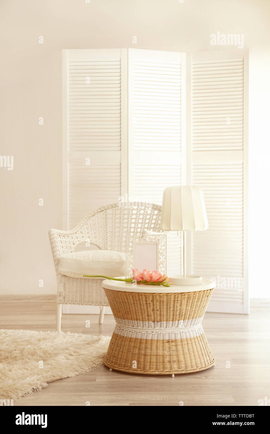 Beautiful modern room interior with white folding screen Stock Photo ...