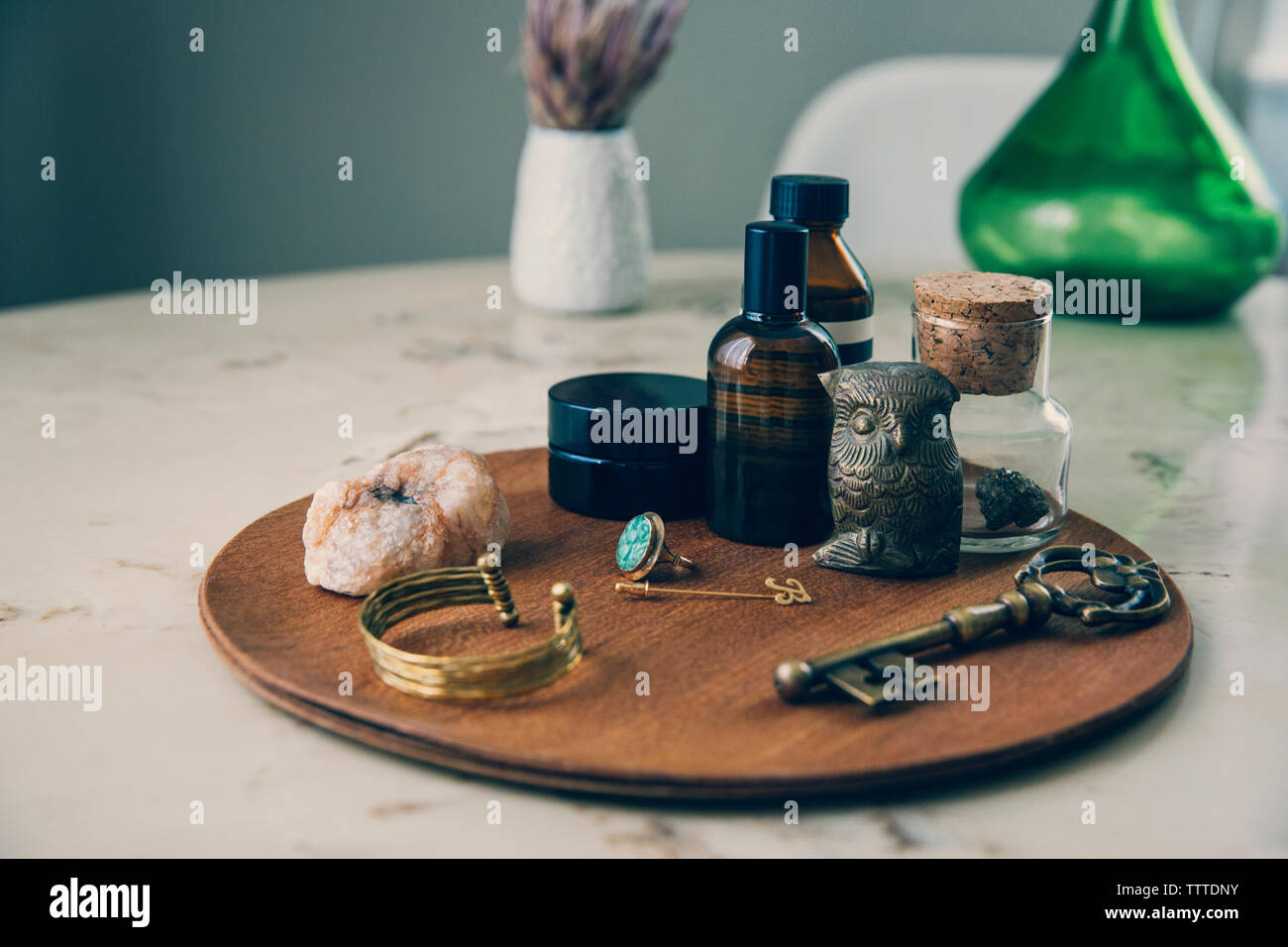 High angle view of objects on wooden board Stock Photo