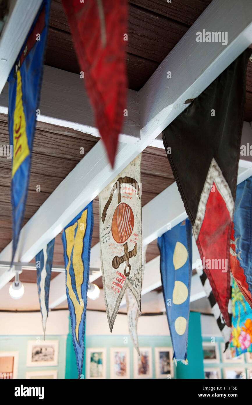 EXUMA, Bahamas. Interior of the Staniel Cay Yacht Club. Dining room and assorted maritime memorablilia. Stock Photo