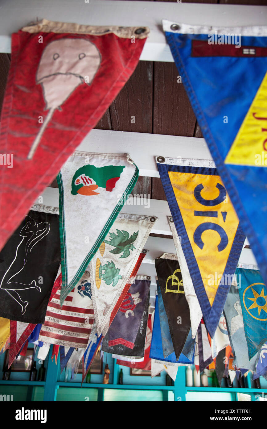 EXUMA, Bahamas. Interior of the Staniel Cay Yacht Club. Dining room and assorted maritime memorablilia. Stock Photo