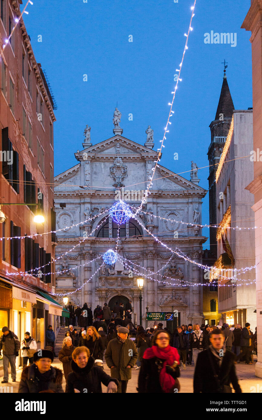 ITALY, Venice. Christmas decorations hangs over Campo San Moise along