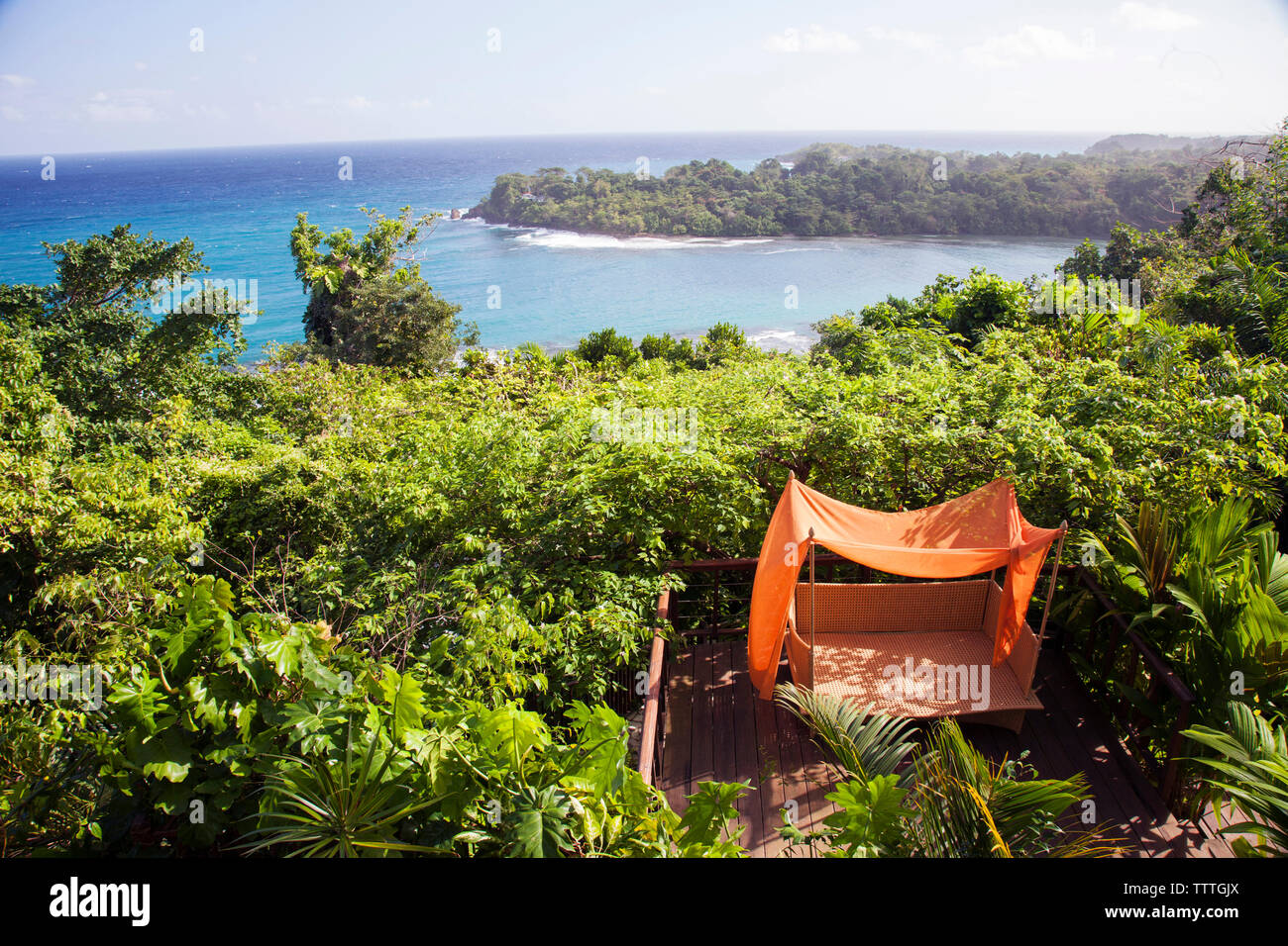 JAMAICA, Port Antonio. View of the coastline at the Geejam hotel. Stock Photo