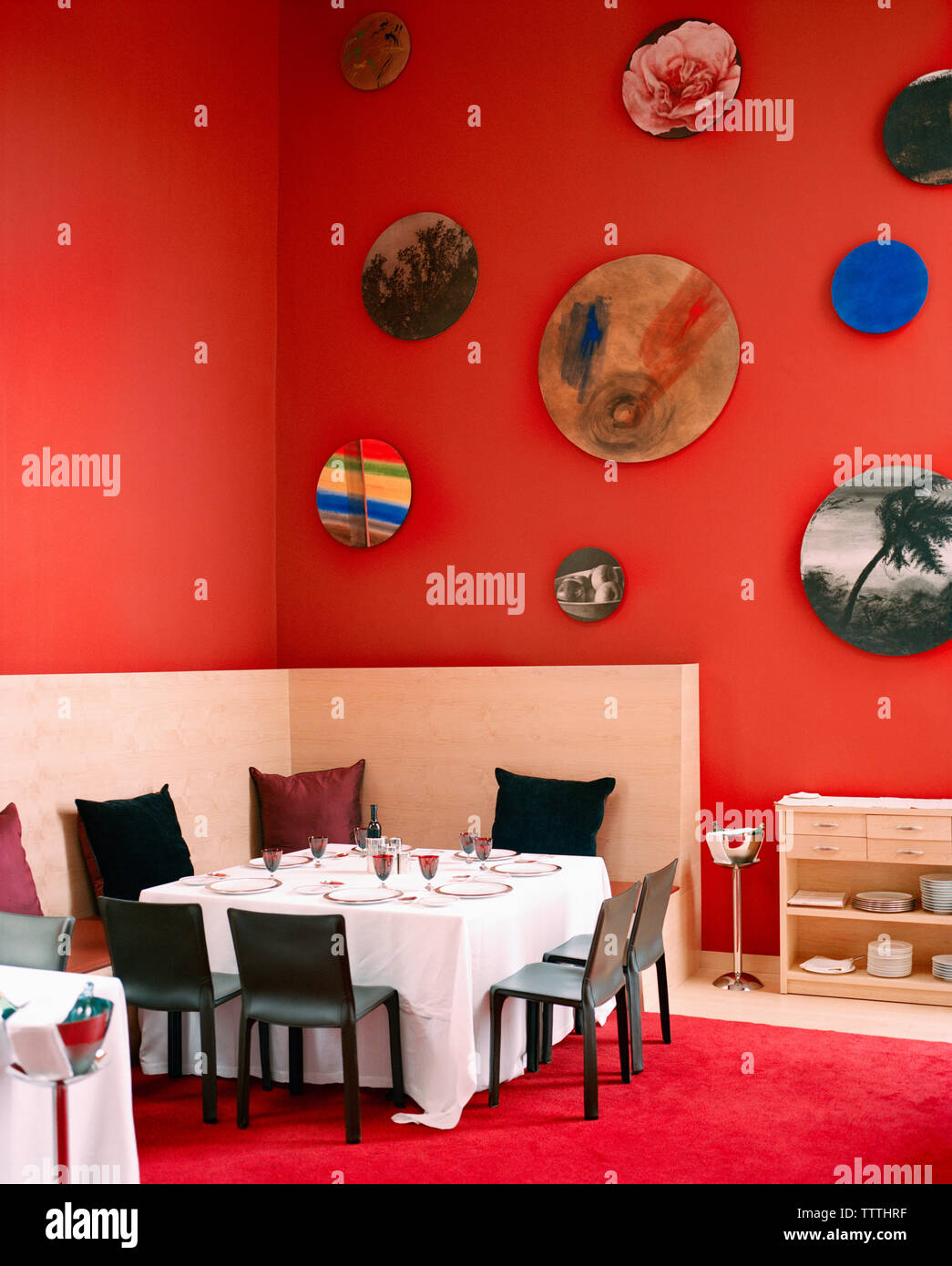 SPAIN, El Ciego, La Rioja, dining table at the Marques De Riscal Restaurant. Stock Photo