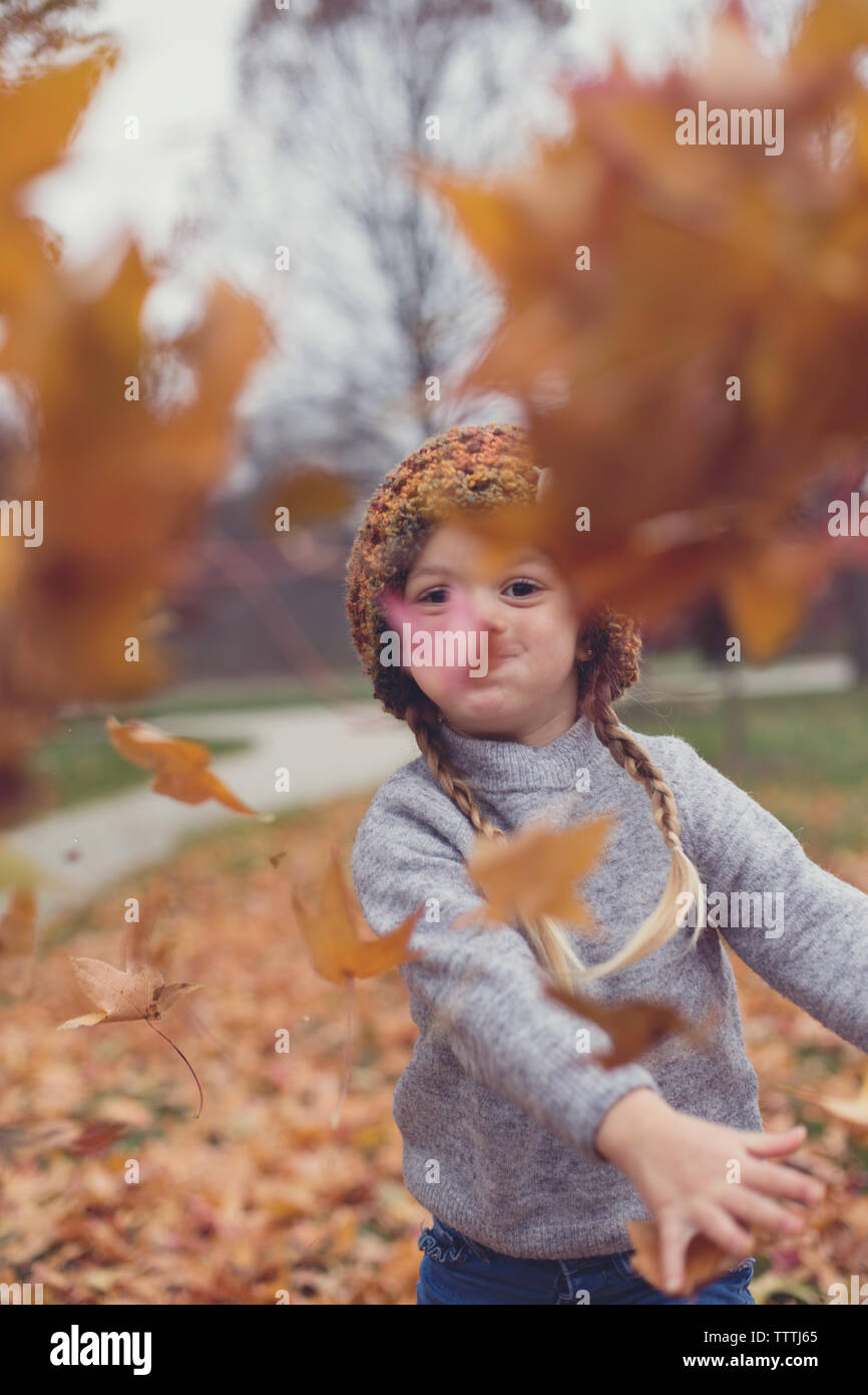 Girl playfully throws leaves in fall setting. Stock Photo
