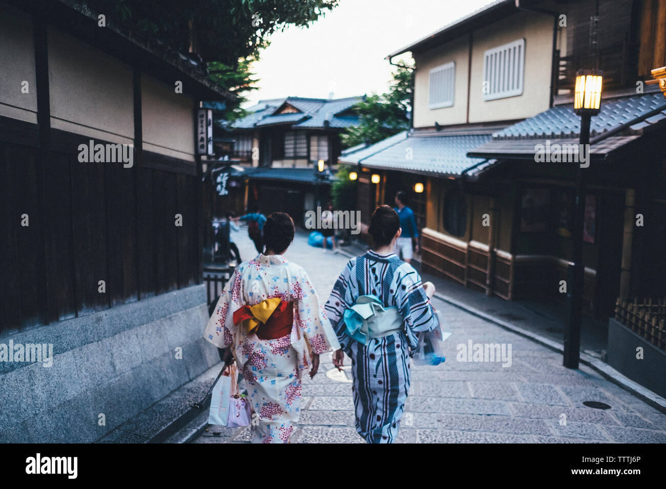 Rear view of women in kimono walking on walkway amidst residential buildings Stock Photo