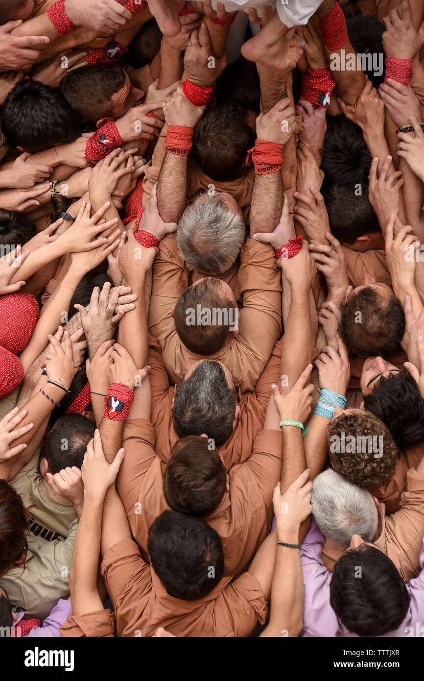Catalan human towers. Traditional performance during september 2017 Stock Photo