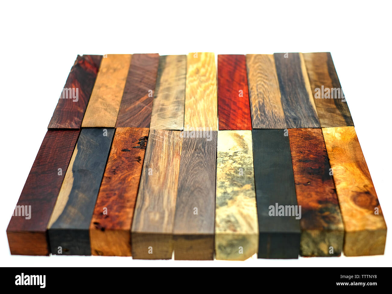 Set Exotic wood real for blanks pen and diy on white background Stock