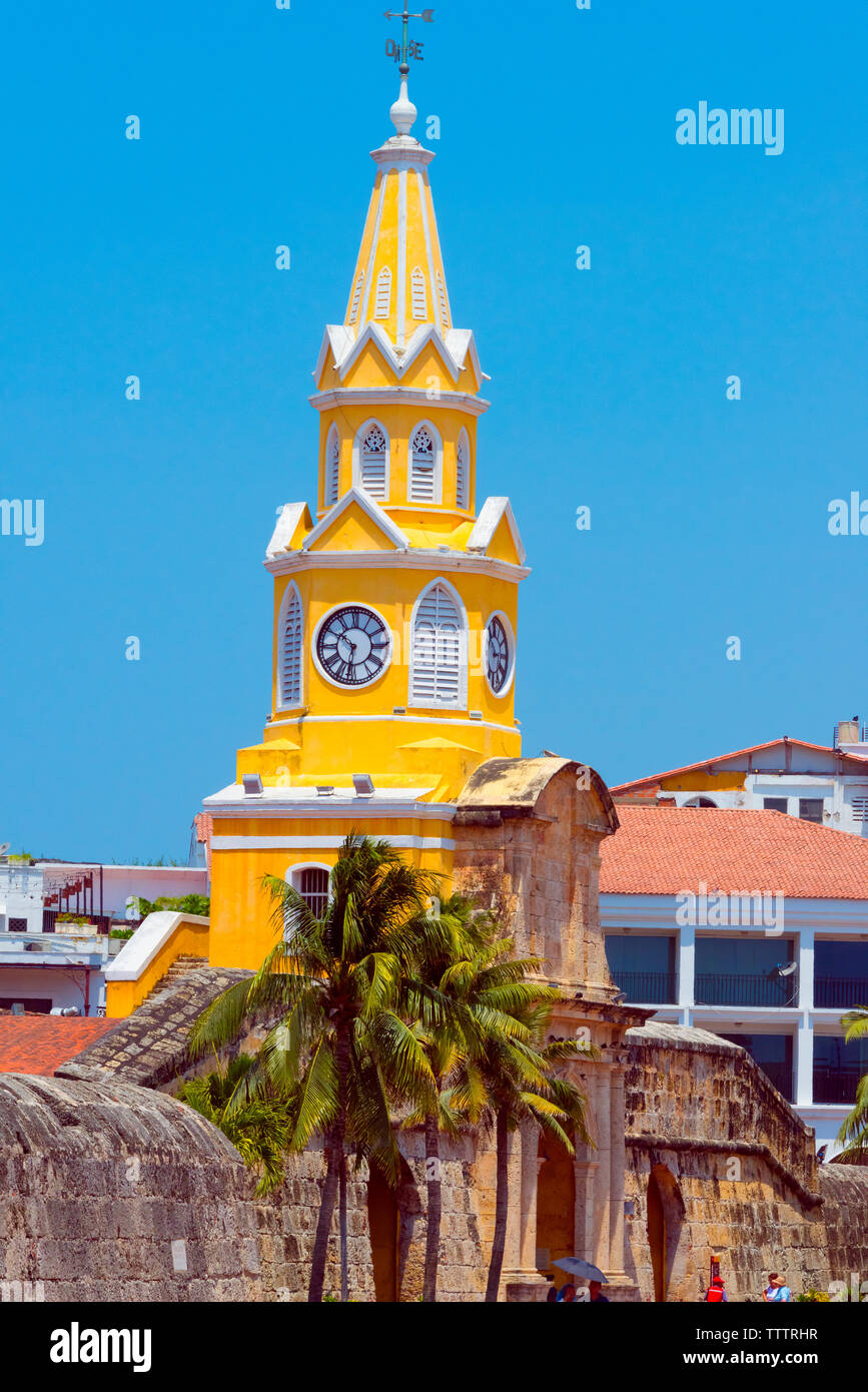 Clock Tower in the old town, UNESCO World Heritage site, Bolivar Department, Colombia Stock Photo