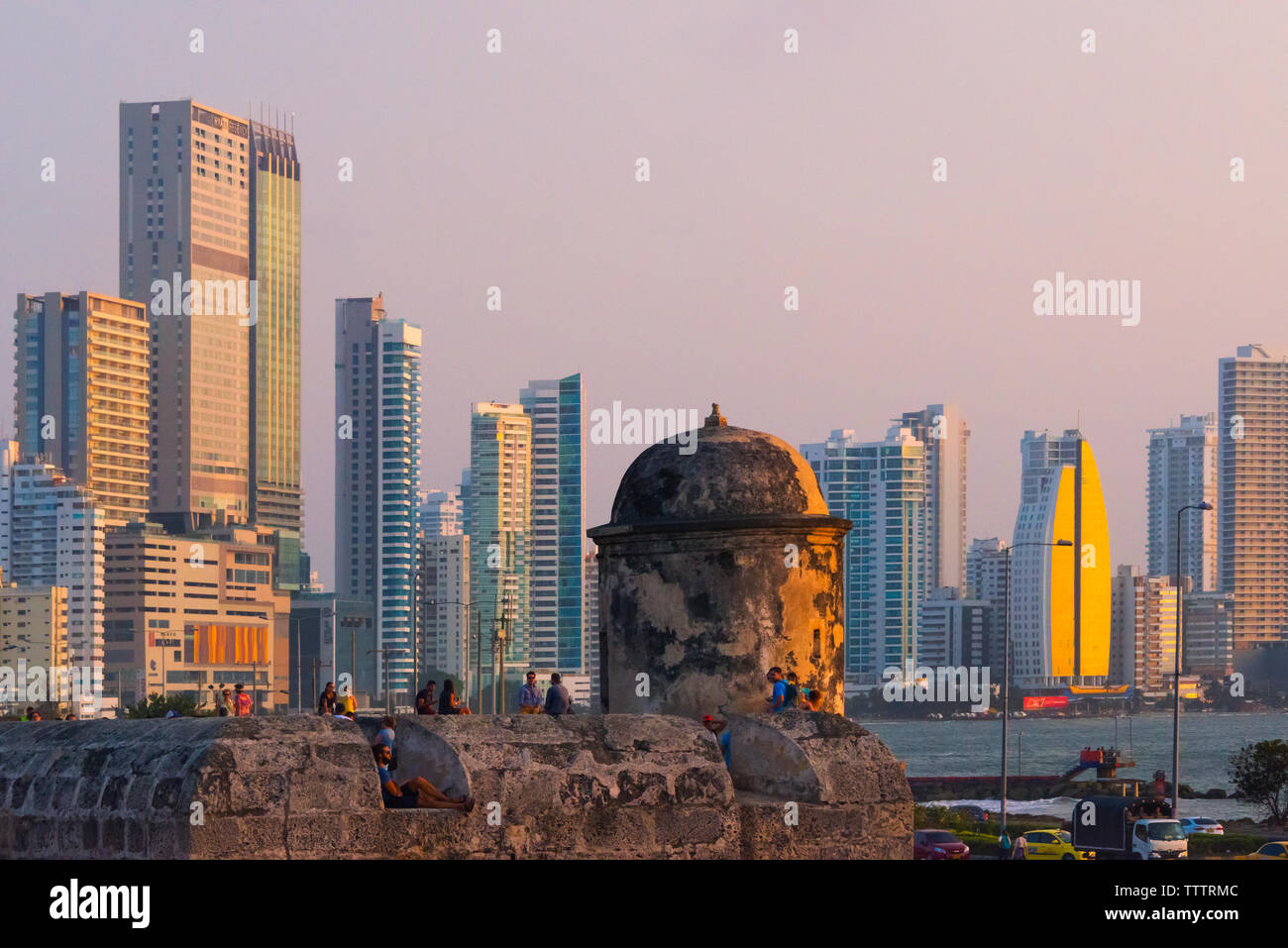 Bastion corner tower with high rises of the new city, Cartagena, Bolivar Department, Colombia Stock Photo
