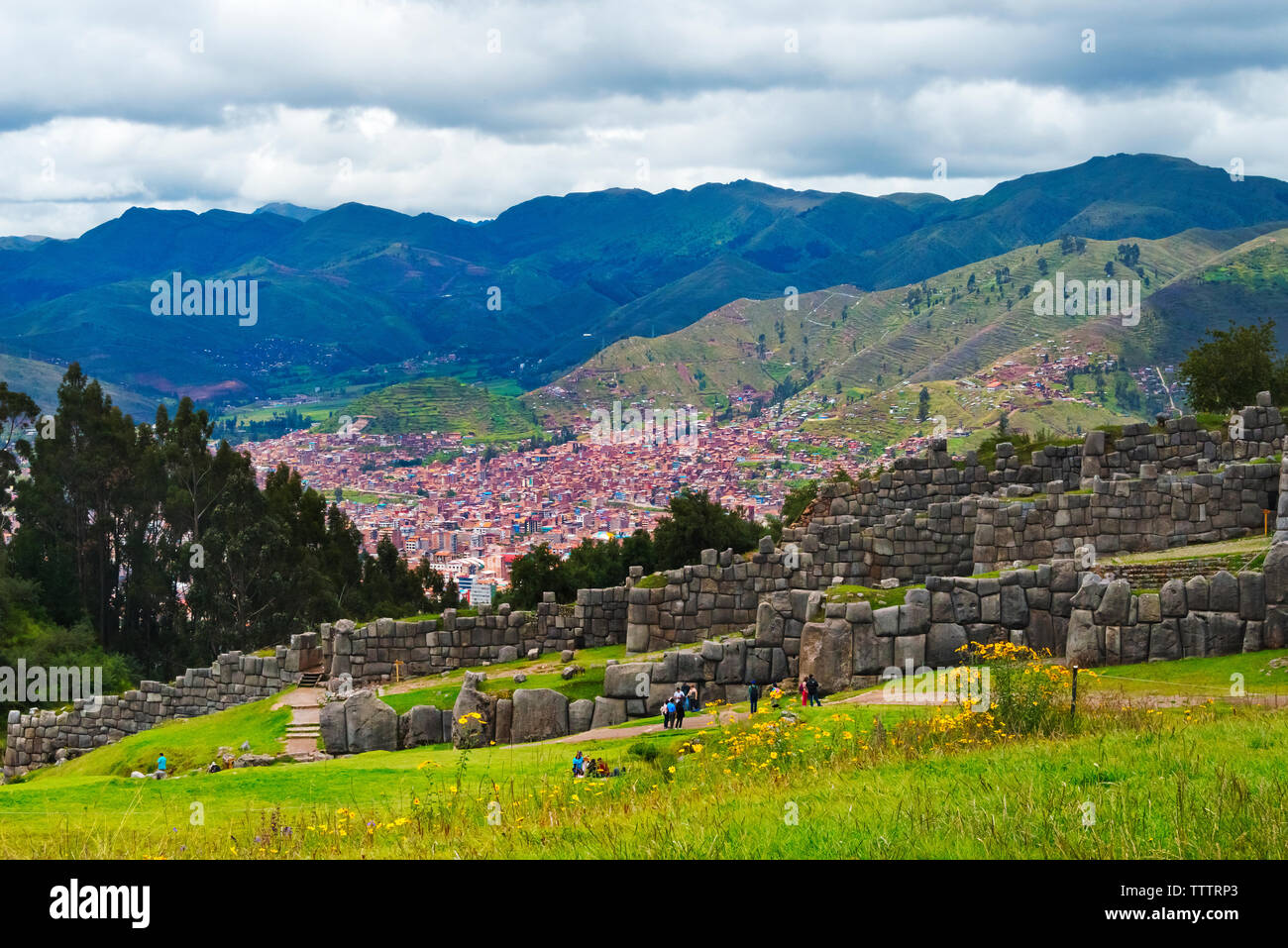 Fortress of Sacsayhuaman ruins with view of Cusco, Cusco, Peru Stock Photo