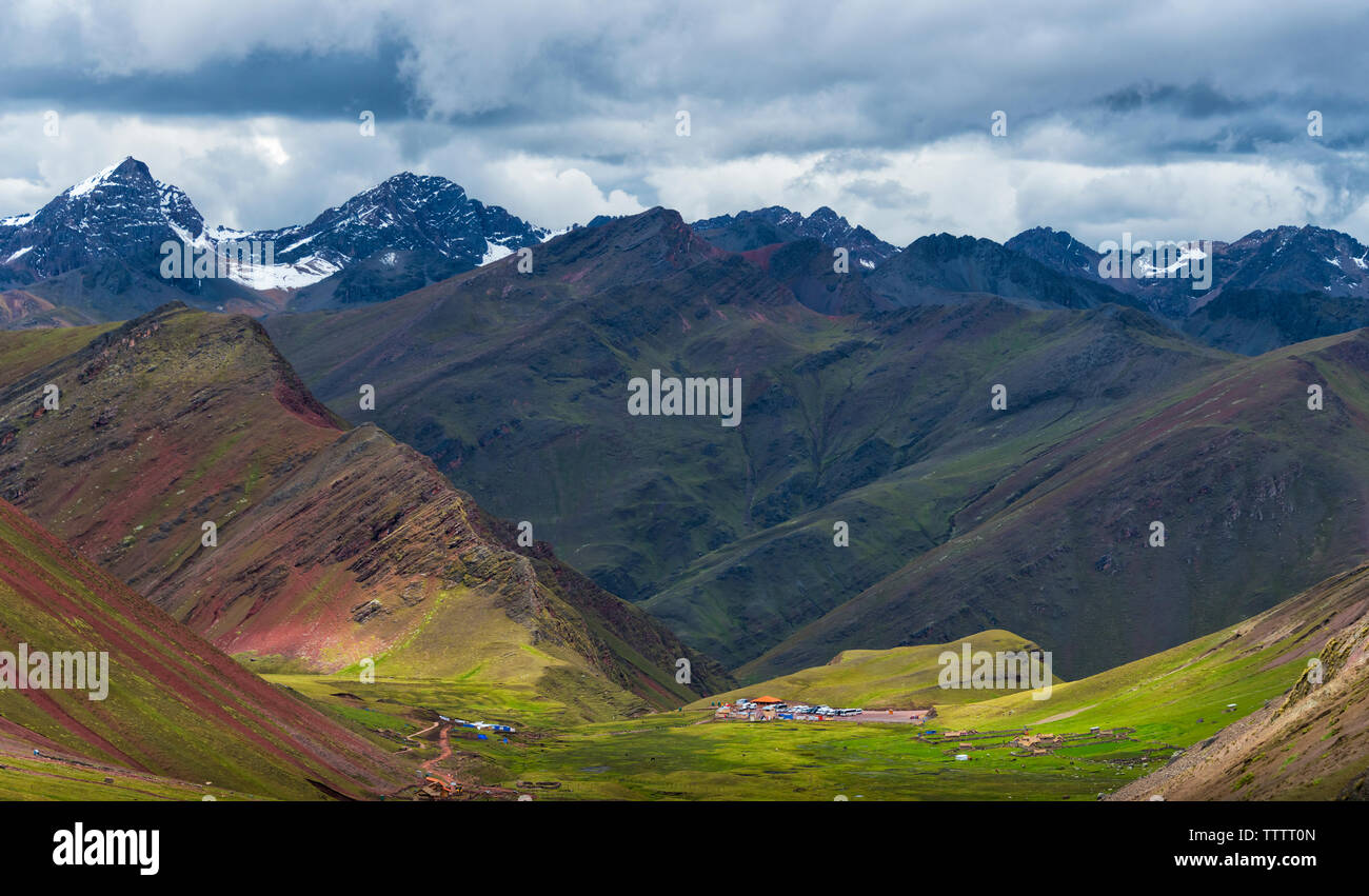 Quechua village in the Rainbow Mountain (Vinicunca), Cusco Province, Peru Stock Photo