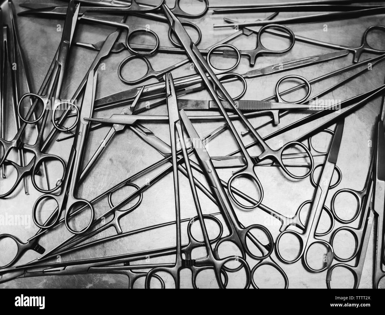 Surgical instruments black and white close-up Stock Photo