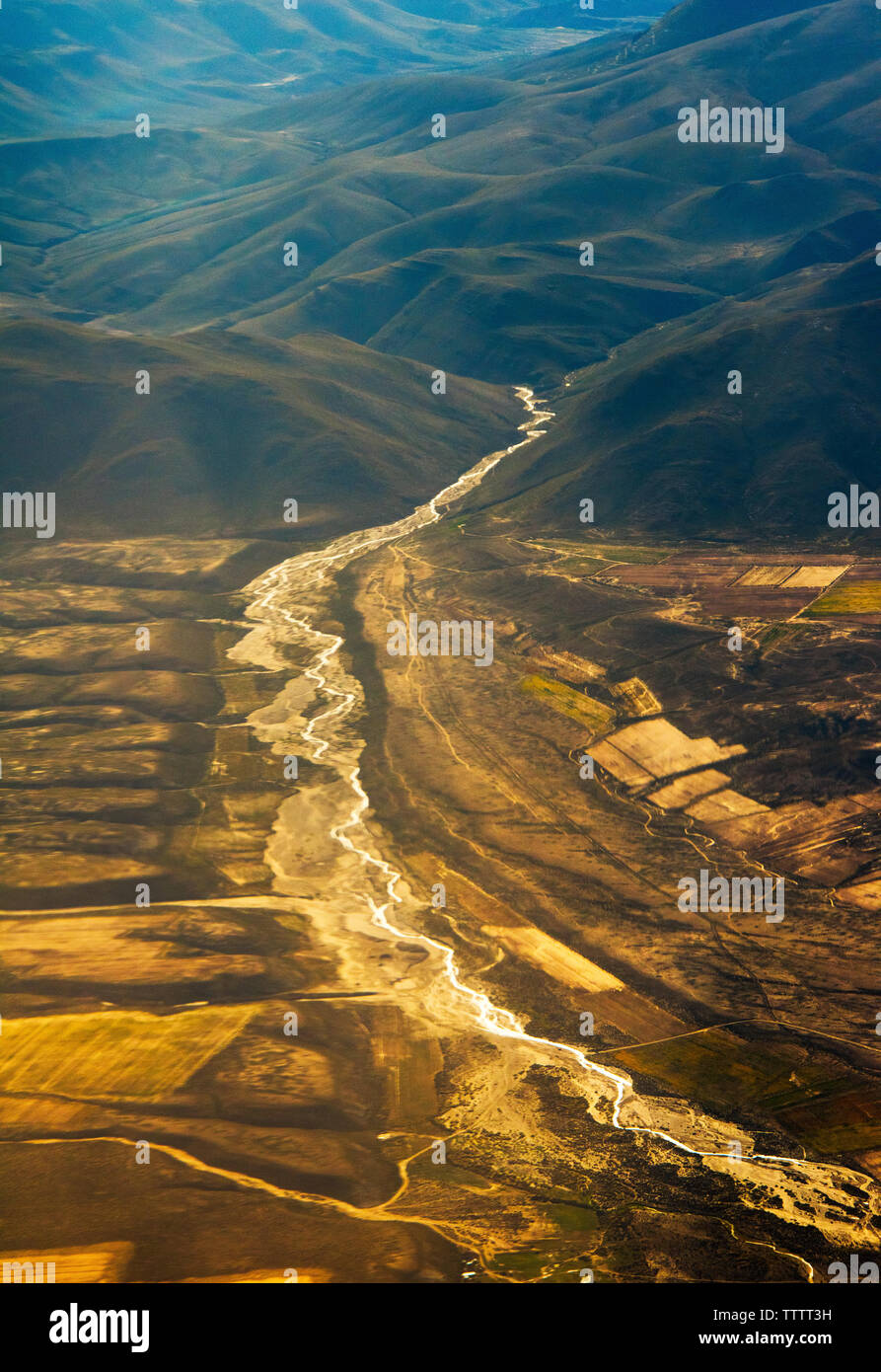 Aerial view of a river snaking through the Andes Mountain, Bolivia Stock Photo