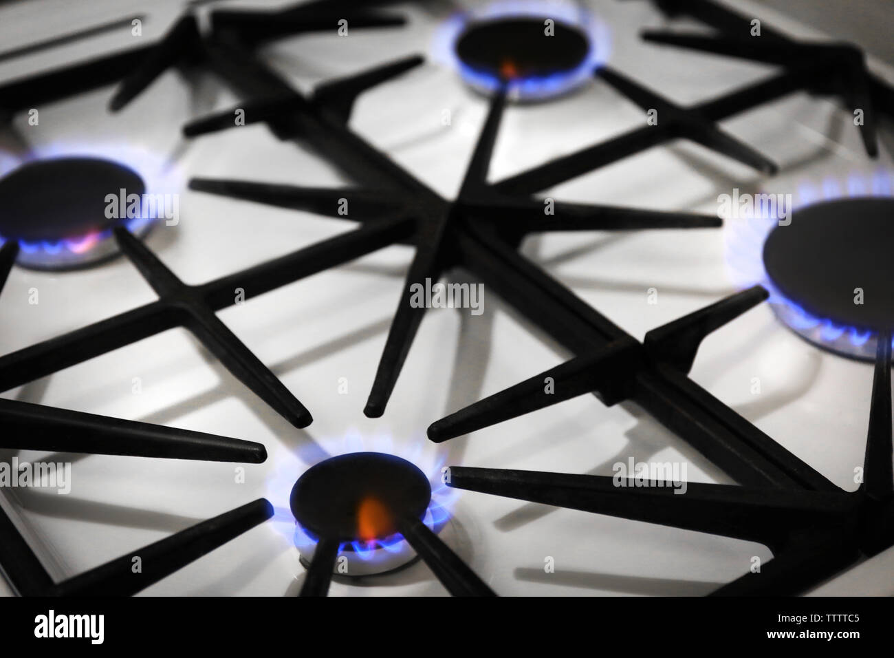 Gas burners with blue flame on domestic stove Stock Photo Alamy