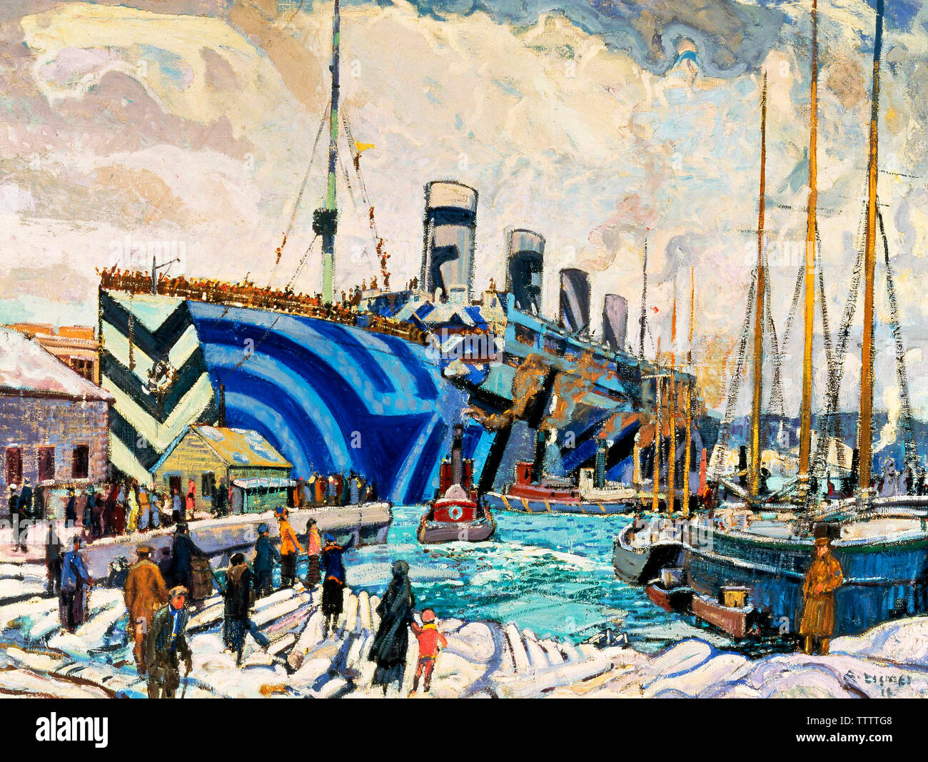 Olympic with Returned Soldiers - War artist Arthur Lismer captured the return of the troopship SS Olympic (centre) to Halifax harbour following the First World War. Olympic's multi-coloured dazzle camouflage, added in 1917 at the height of the German U-Boat threat, was intended to make the ship more difficult to identify and target. The painting also provides a glimpse of the busy Halifax dockyard, Canada's principal wartime naval base. Pressed into service in 1915, Olympic became one of the war's most famous troop ships. Affectionately known as 'Old Reliable,' Olympic would carry over 200,000 Stock Photo