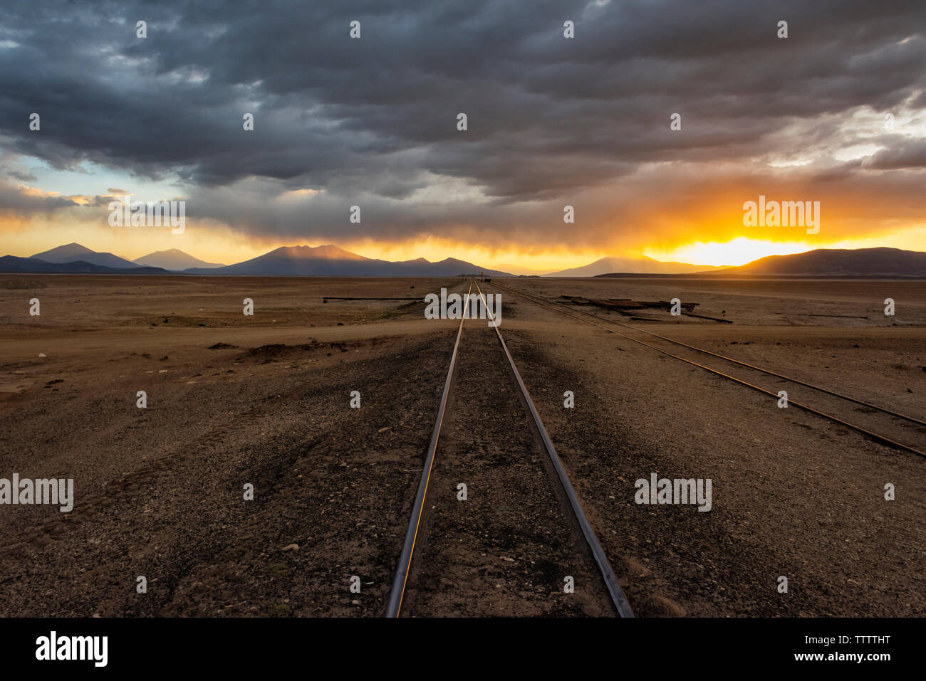 Railway track in the desert, Salar de Uyuni, Potosi Department, Bolivia Stock Photo