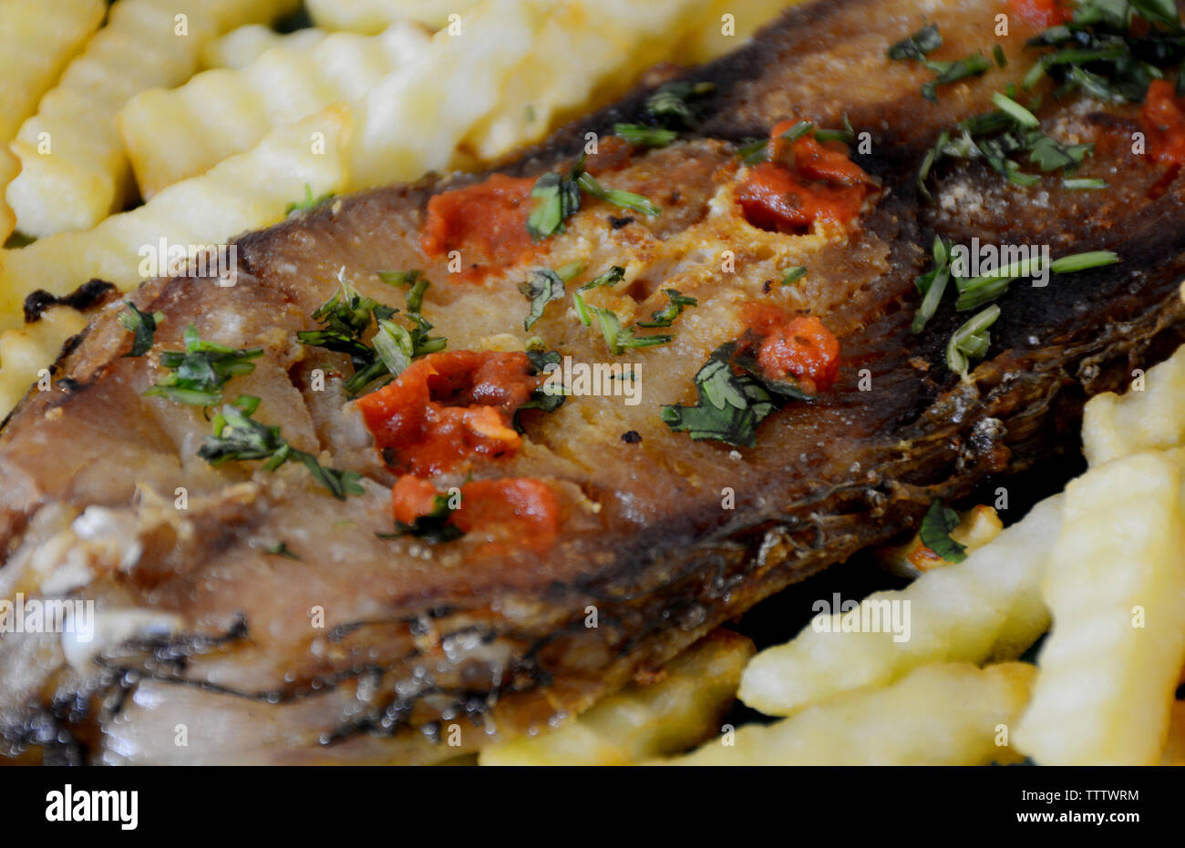Beautiful Piece of Fried Fish with French Fries and Cilantro Stock Photo