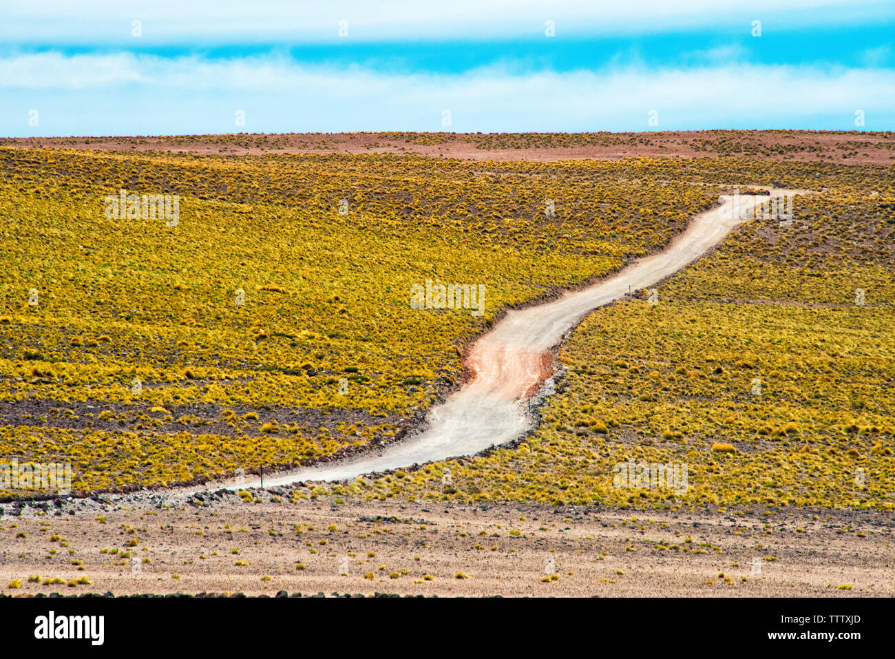 Car driving on road through Atacama Desert, San Pedro de Atacama, Antofagasta Region, Chile Stock Photo