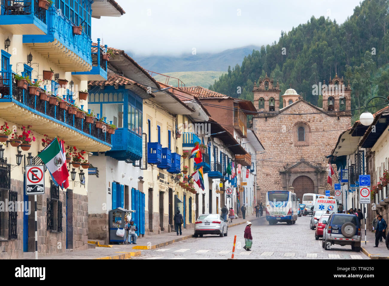 Colonial houses in the old town, Cusco, Peru Stock Photo