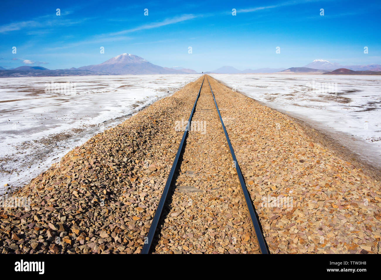 Railway track on the salt land, Potosi Department, Bolivia Stock Photo
