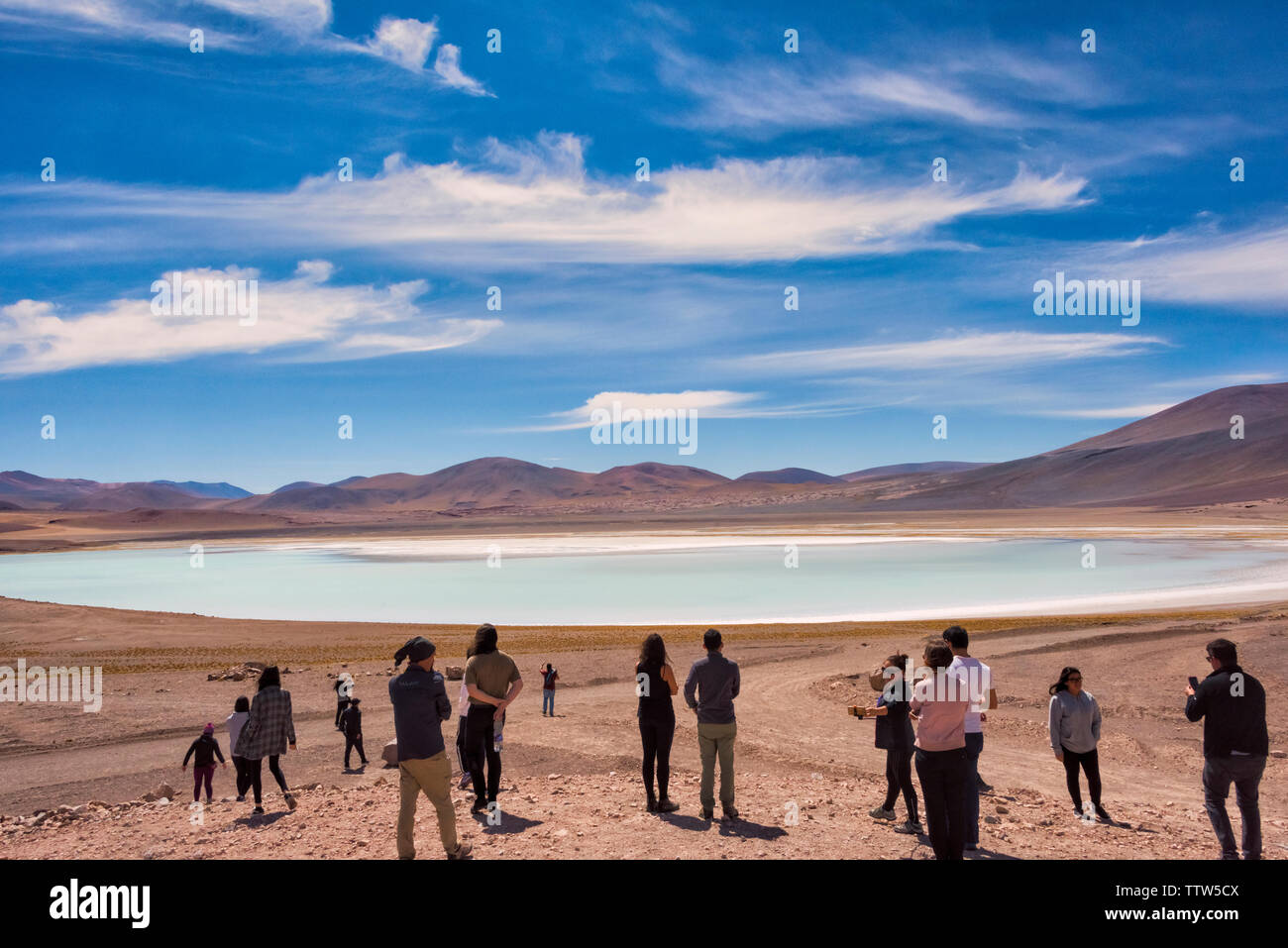 Tourists watching Lagunas Altiplanicas, San Pedro de Atacama, Antofagasta Region, Chile Stock Photo