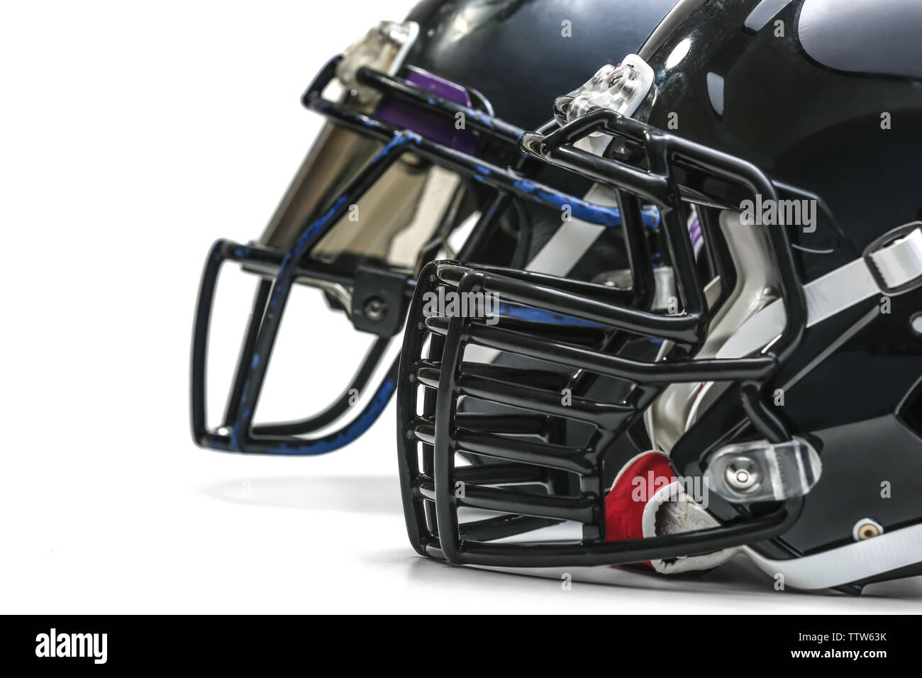 Rugby helmets on white background Stock Photo Alamy