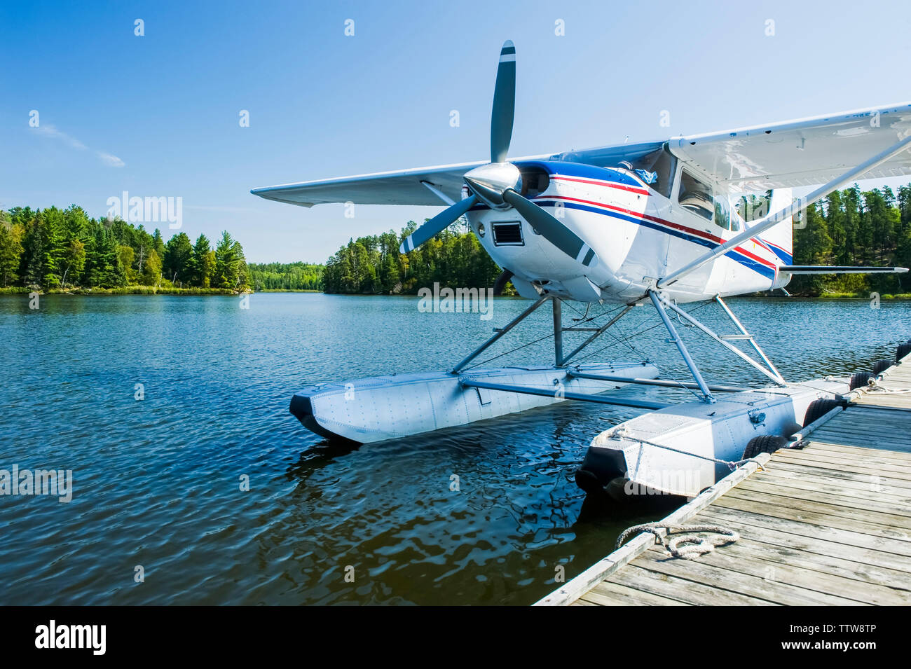 Float plane dock, Lake of the Woods near Nestor Falls, Northwestern Ontario; Ontario, Canada Stock Photo