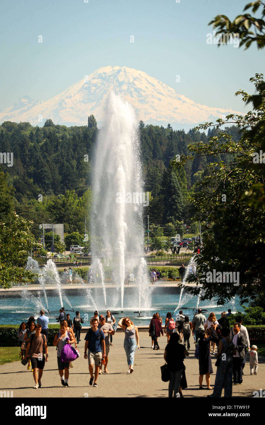 graduation crowds near Drumheller Fountain, campus, University of Washington, Seattle Stock Photo