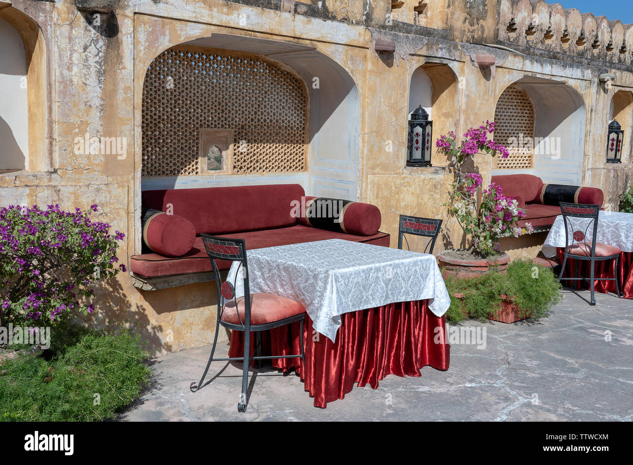 Cozy seating area with a sofa table and chairs near the Amber Fort in