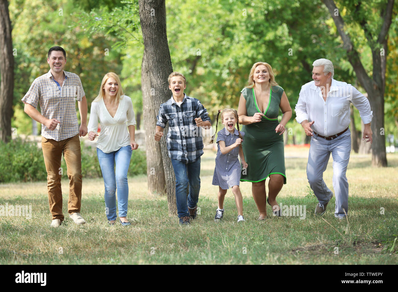 Large happy family walking in park Stock Photo - Alamy