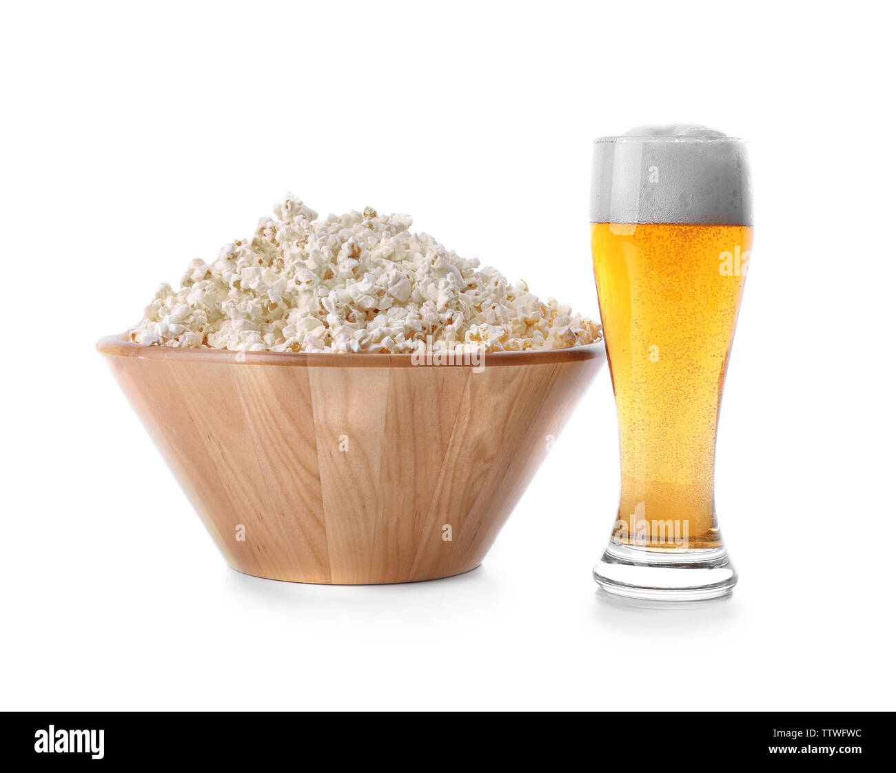 Beer with popcorn on white background Stock Photo - Alamy
