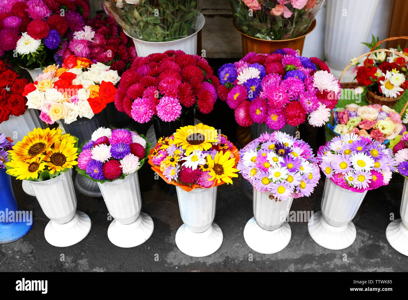 Fresh flowers on display outdoors Stock Photo