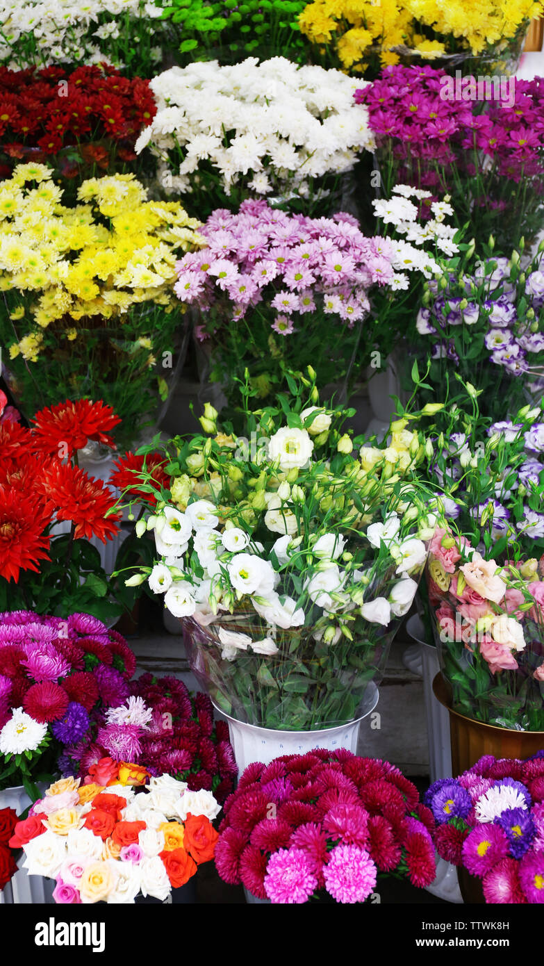 Fresh flowers on display outdoors Stock Photo
