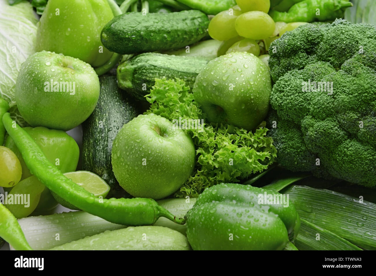 Green vegetables and fruits background Stock Photo Alamy