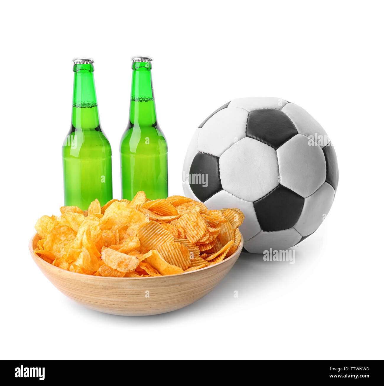 Ball, chips and bottles of beer isolated on white Stock Photo Alamy