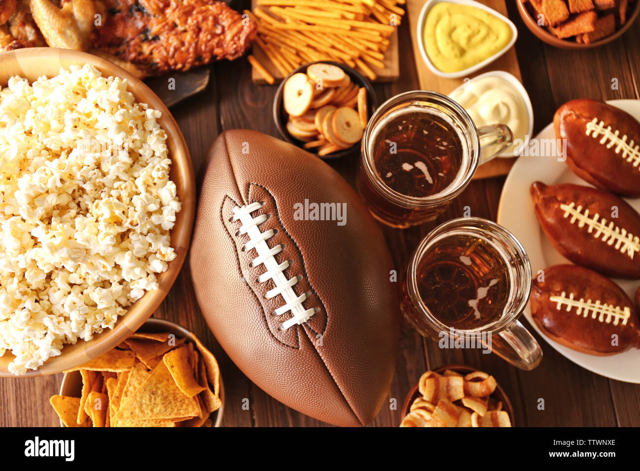 Perfect Rugby Snacks Table full of tasty snacks and beer prepared for watching rugby on TV ...