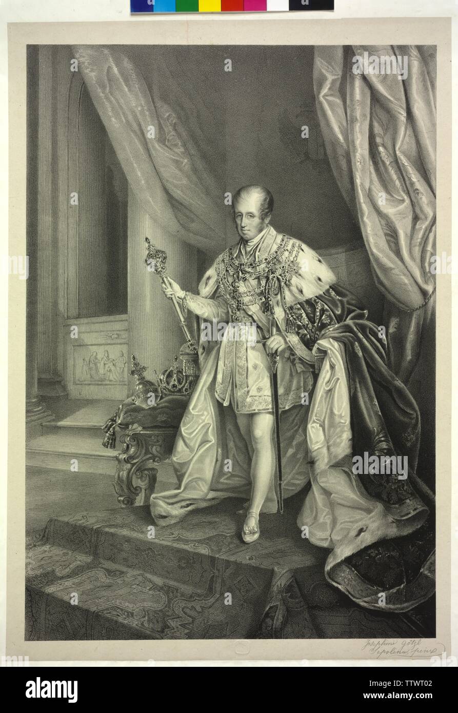Ferdinand I, Emperor of Austria, picture in the coronation robes as Emperor of Austria, lithograph based on a painting by Josephine Goetzl-Sepolina. China, Additional-Rights-Clearance-Info-Not-Available Stock Photo
