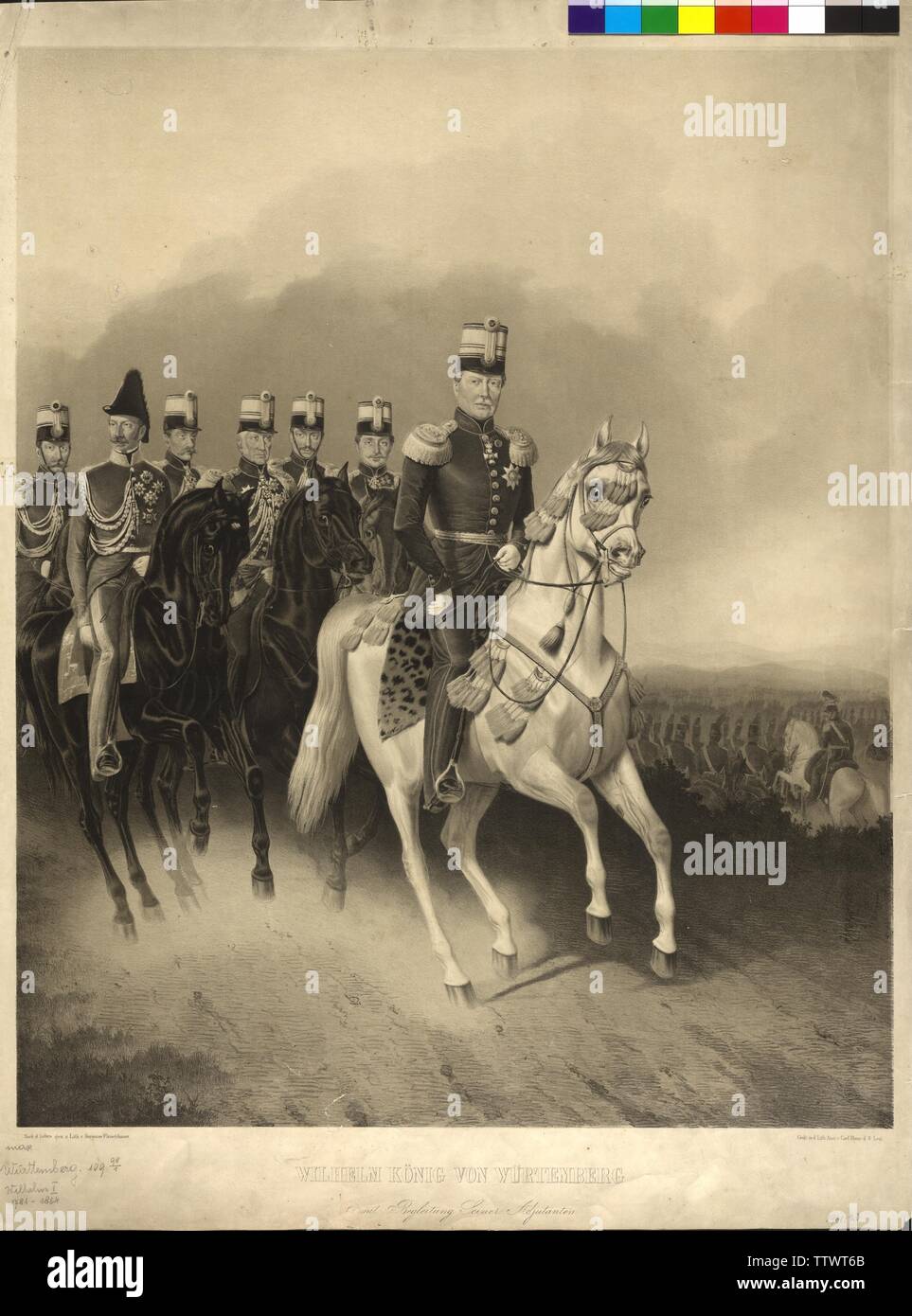 Wilhelm King of Wuerttemberg with entourage of his adjutant, equestrian image, lithograph based on own ad vivum drawing by Hermann Fleischhauer, Additional-Rights-Clearance-Info-Not-Available Stock Photo