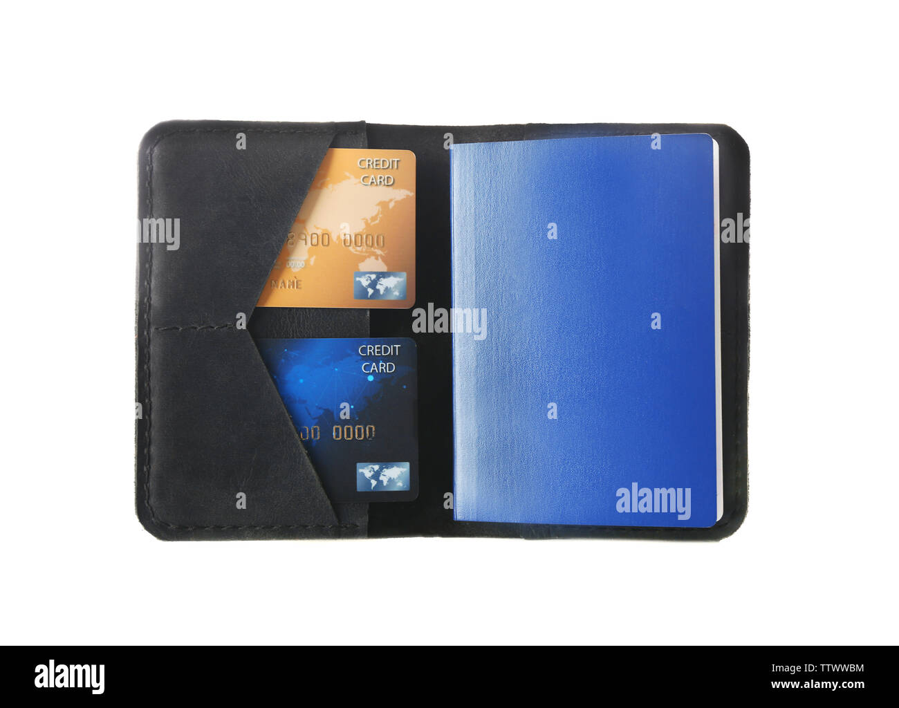 Opened black leather wallet with passport and credit cards isolated on