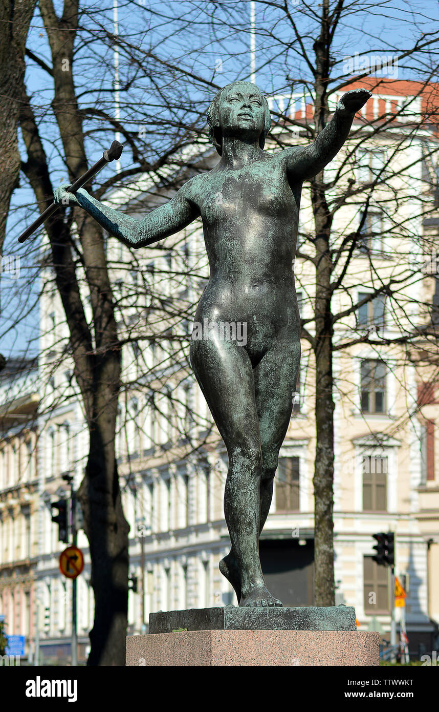 HELSINKI, FINLAND - 7 APRIL 2019: A 1928 statue of Tellervo, the Finnish Diana, daughter of Tapio, the Forest god, by Yrjö Liipola in Kaartinkaupunki Stock Photo